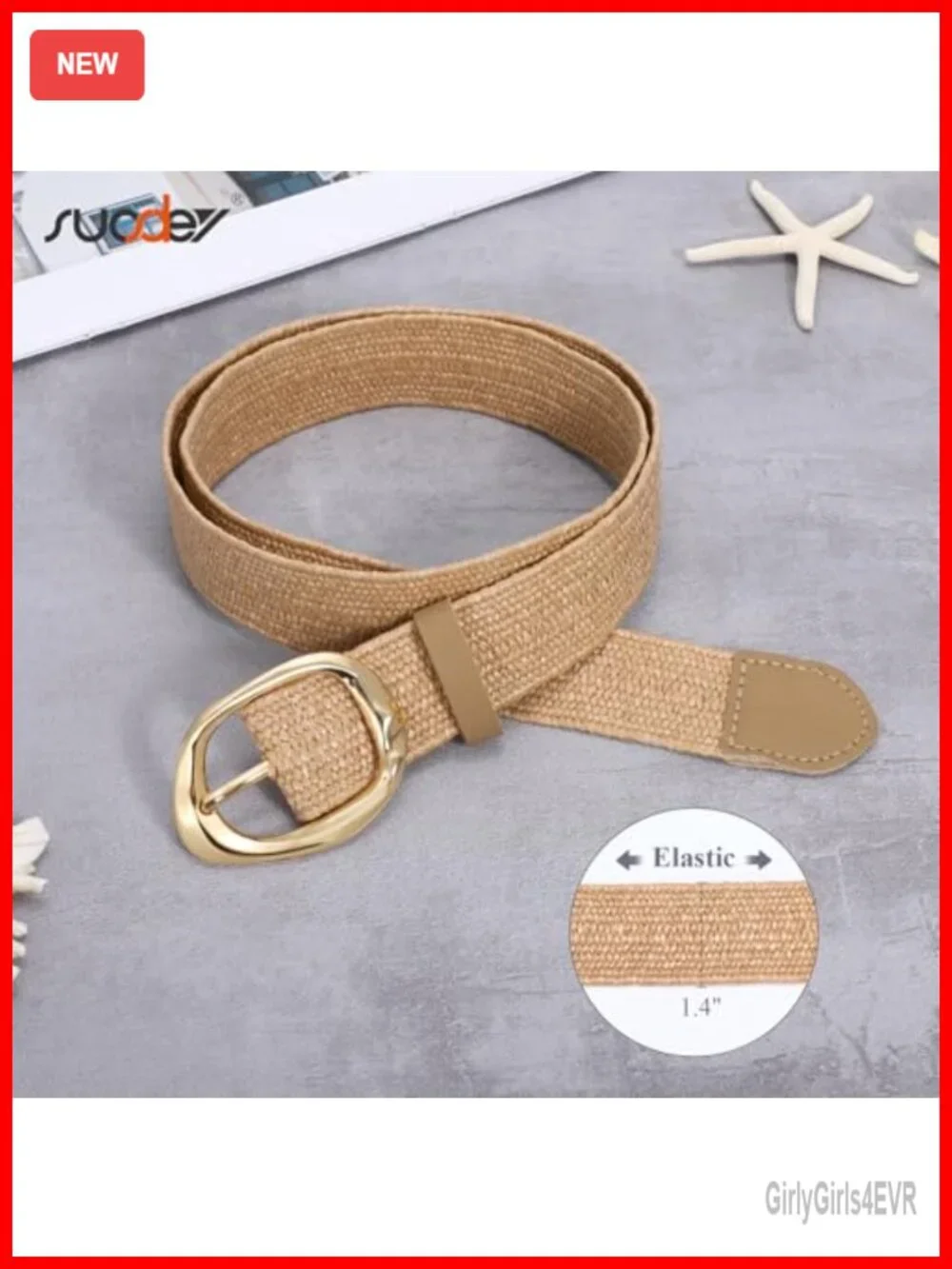 Women Straw Woven Elastic Belt with Gold Buckle Boho Braided Stretch Waist Belt